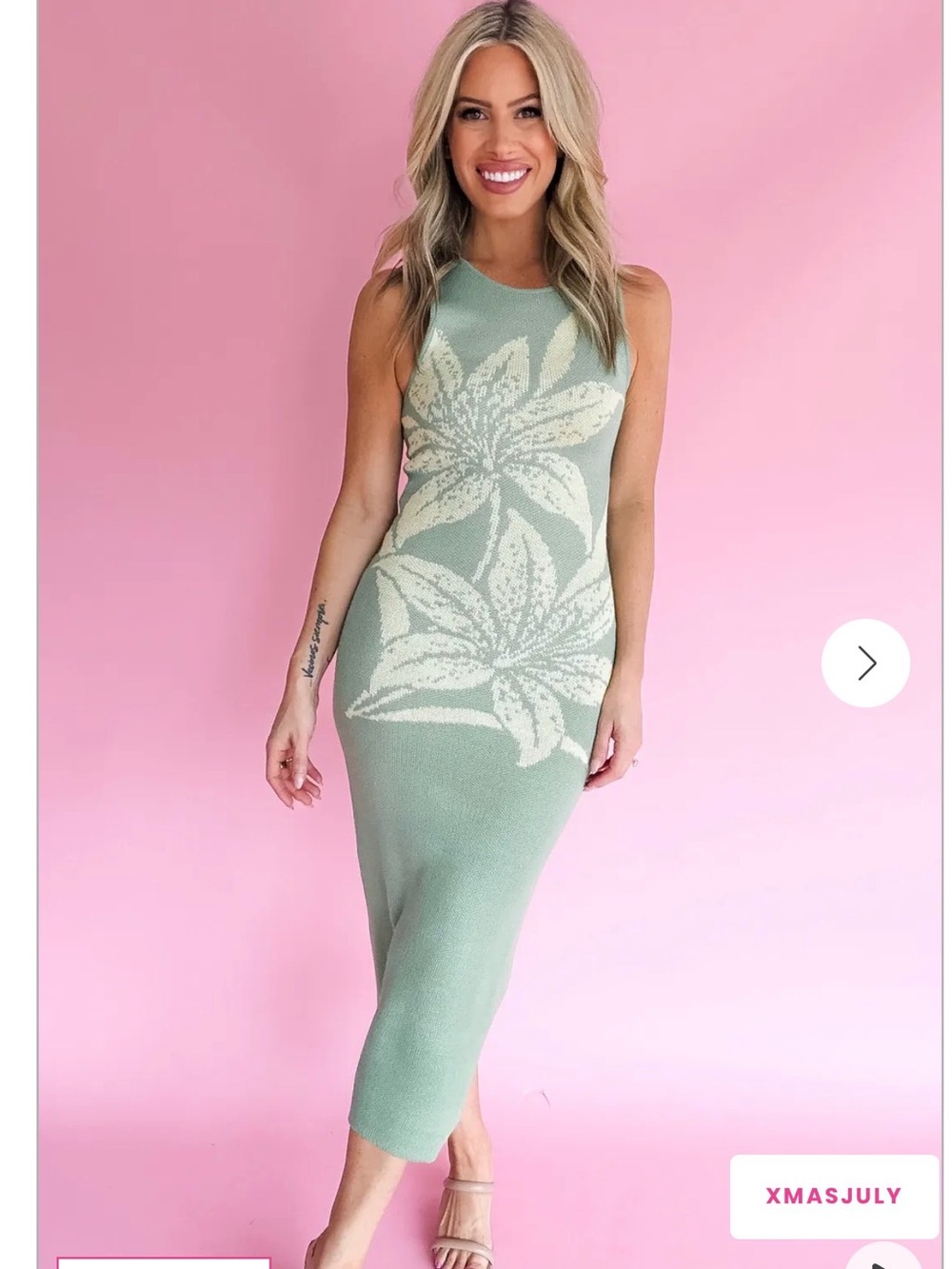 Sleeveless Mint Floral Knit Midi Dress